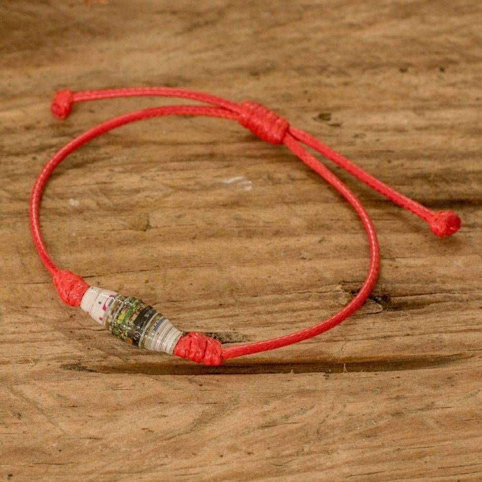 Red Recycled Paper Pendant Bracelet with Adjustable Cord 'Earth's Riches in Red'