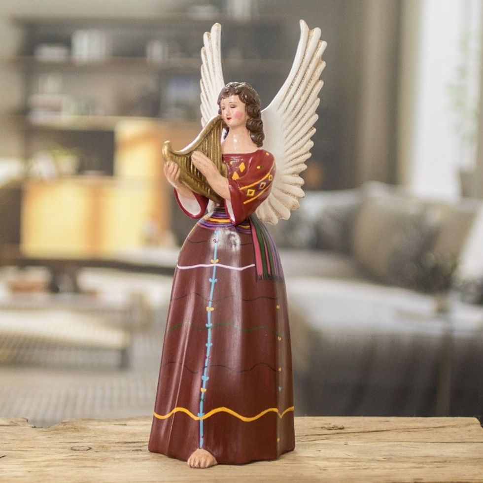 Folk Art Ceramic Angel Sculpture Hand-Painted in Guatemala 'San Rafael Petzal'