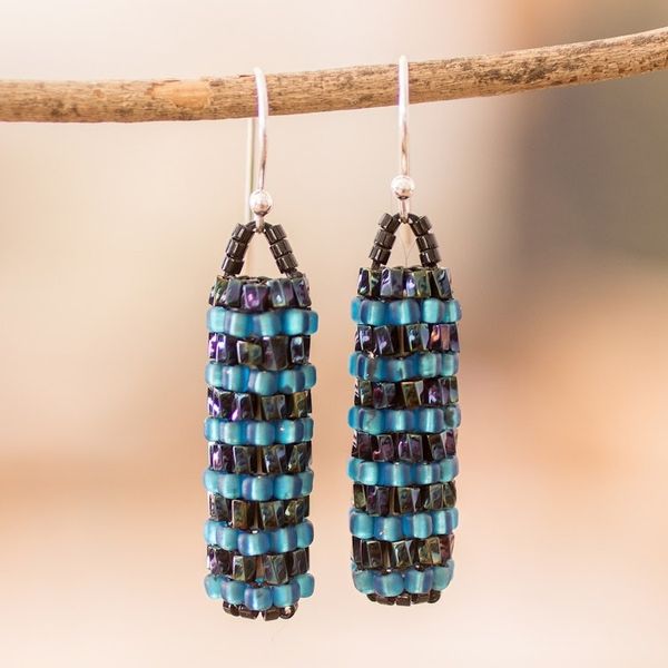 Alternate image for Gleaming Blue Glass Beaded Dangle Earrings from El Salvador Ocean Pillars