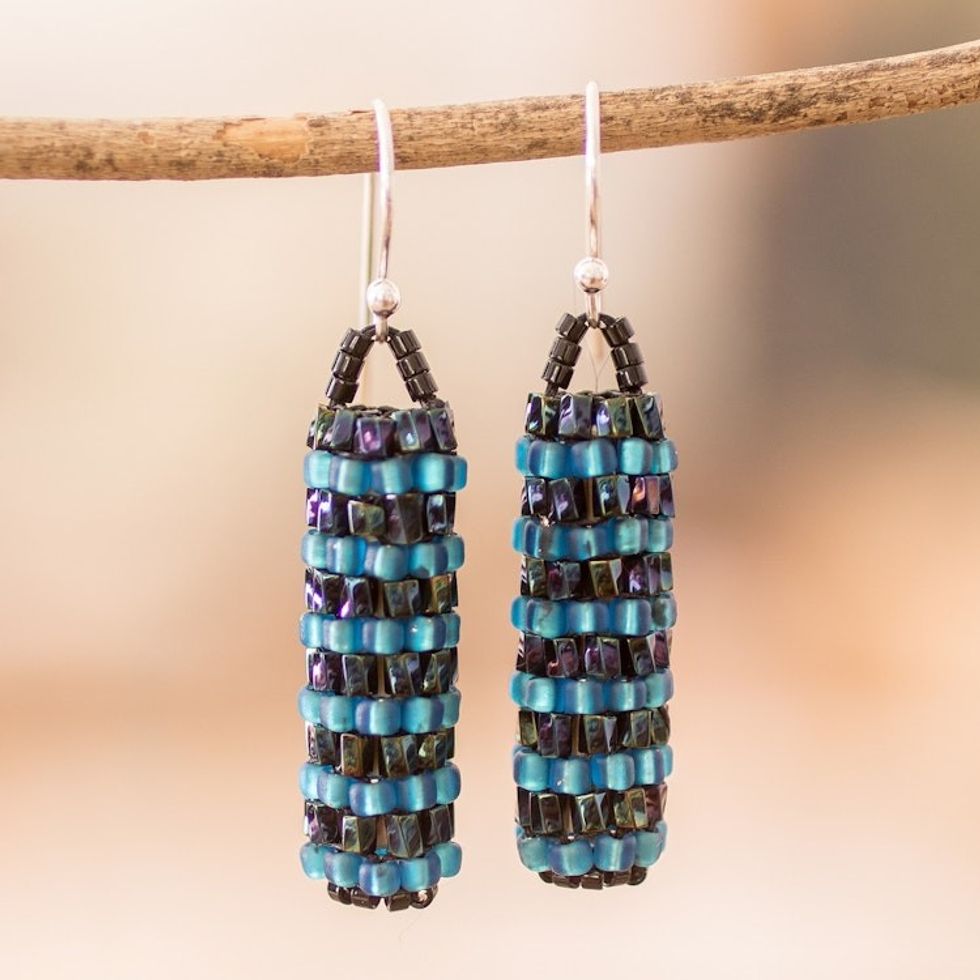 Gleaming Blue Glass Beaded Dangle Earrings from El Salvador 'Ocean Pillars'