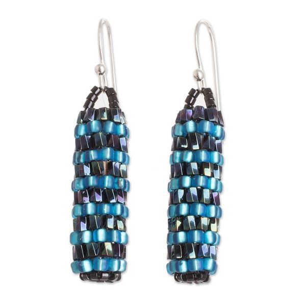 Alternate image for Gleaming Blue Glass Beaded Dangle Earrings from El Salvador Ocean Pillars