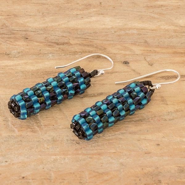 Alternate image for Gleaming Blue Glass Beaded Dangle Earrings from El Salvador Ocean Pillars