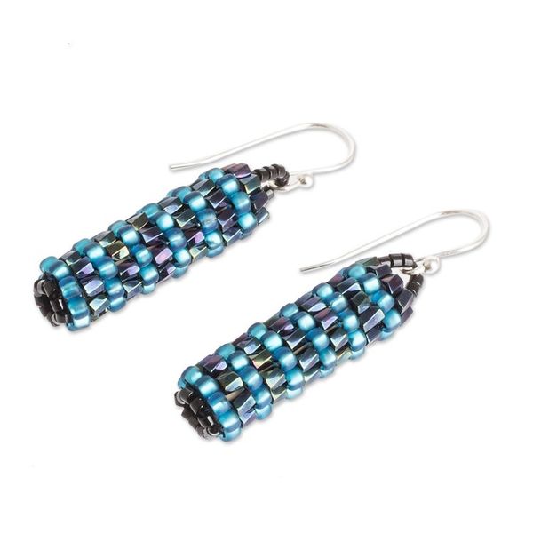 Alternate image for Gleaming Blue Glass Beaded Dangle Earrings from El Salvador Ocean Pillars