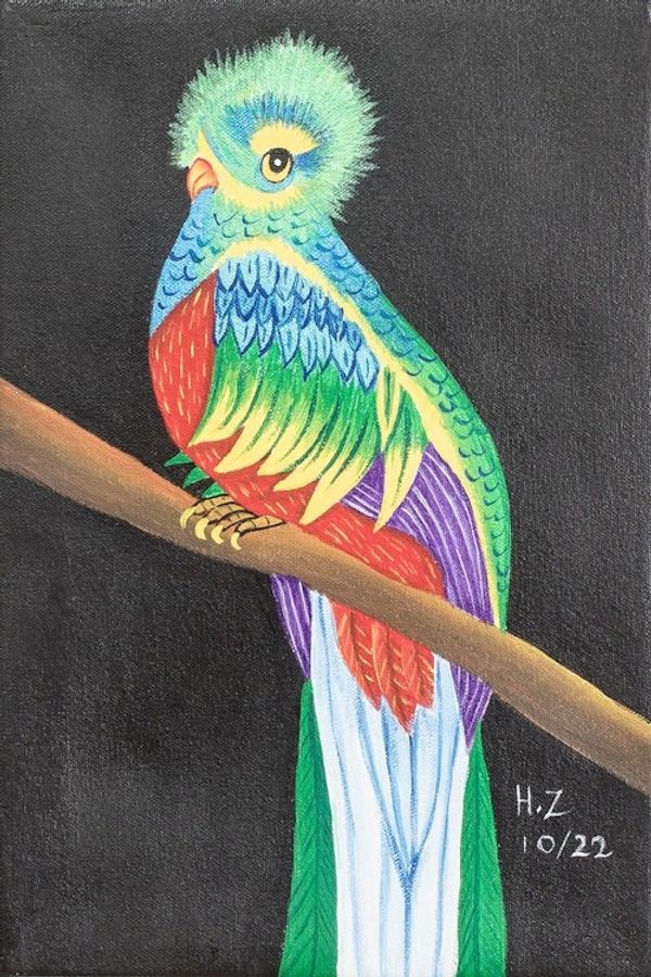 Alternate image for Signed Stretched Acrylic Impressionist Painting of Bird Quetzal