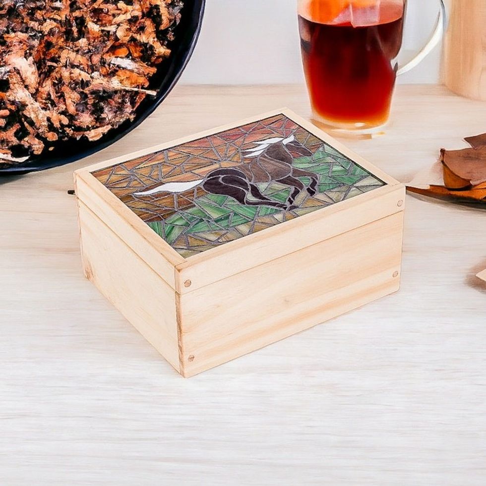 Handcrafted Horse Mosaic Pinewood Tea Box in White 'Delightful Liberty'