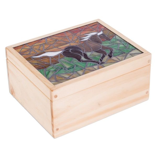 Alternate image for Handcrafted Horse Mosaic Pinewood Tea Box in White Delightful Liberty