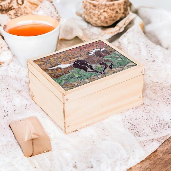 Alternate image for Handcrafted Horse Mosaic Pinewood Tea Box in White Delightful Liberty