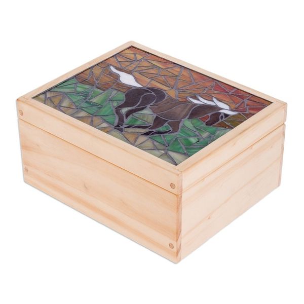 Alternate image for Handcrafted Horse Mosaic Pinewood Tea Box in White Delightful Liberty
