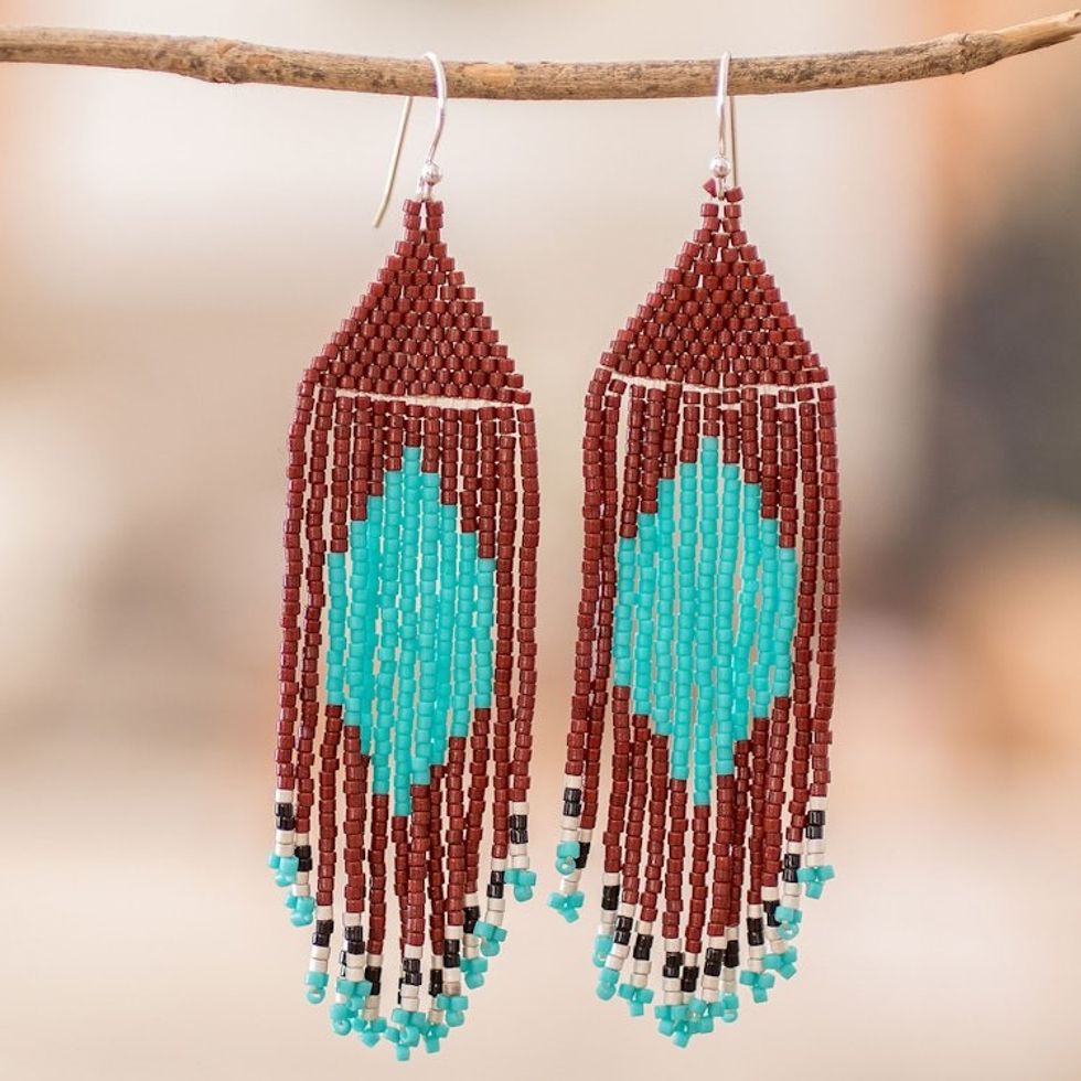 Brown Aqua Beaded Waterfall Earrings with Diamond Pattern 'Multicolored Diamonds'