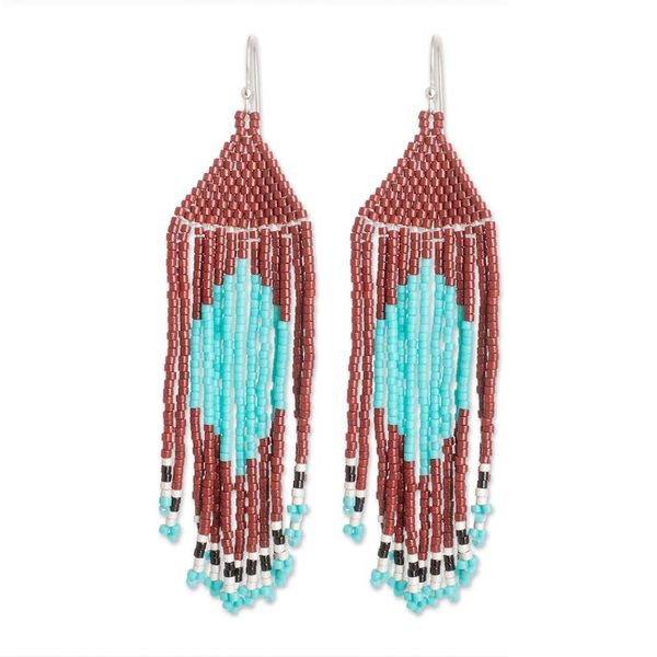 Alternate image for Brown Aqua Beaded Waterfall Earrings with Diamond Pattern Multicolored Diamonds