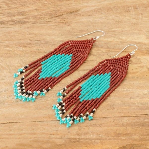 Alternate image for Brown Aqua Beaded Waterfall Earrings with Diamond Pattern Multicolored Diamonds