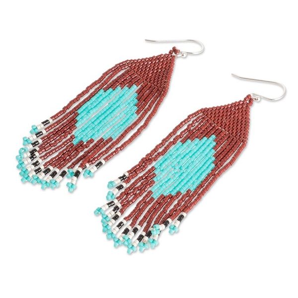 Alternate image for Brown Aqua Beaded Waterfall Earrings with Diamond Pattern Multicolored Diamonds