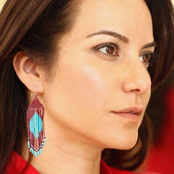 Alternate image for Brown Aqua Beaded Waterfall Earrings with Diamond Pattern Multicolored Diamonds