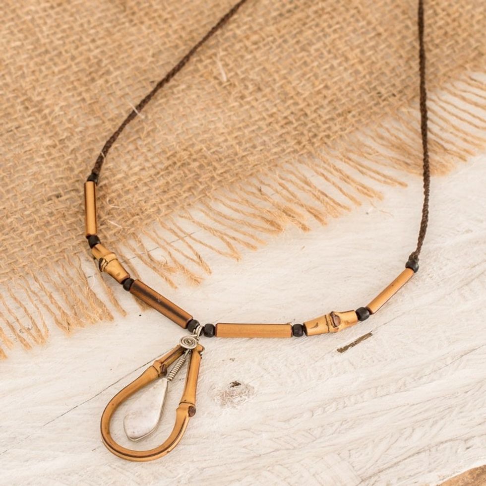 Handmade White Jade and Bamboo Beaded Pendant Necklace 'Natural Purity'