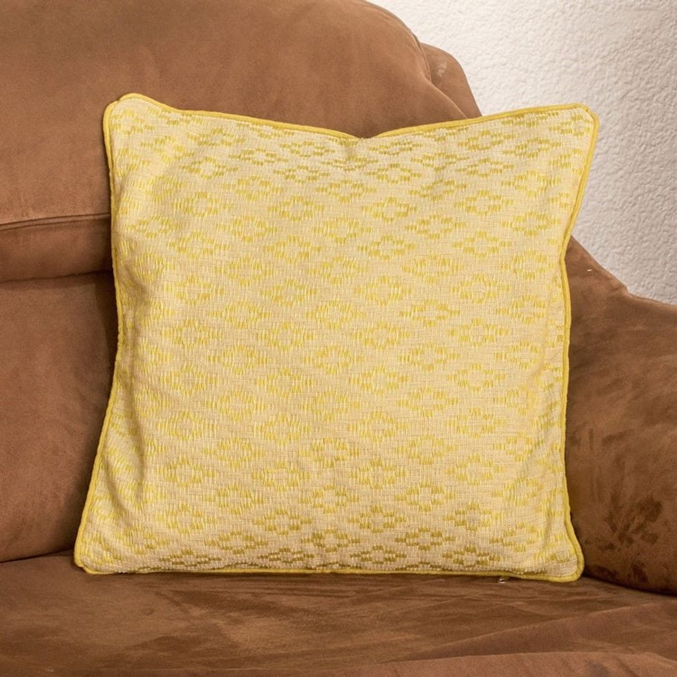 Handwoven Yellow Cotton Cushion Cover with Diamond Pattern 'Diamond Splendor'
