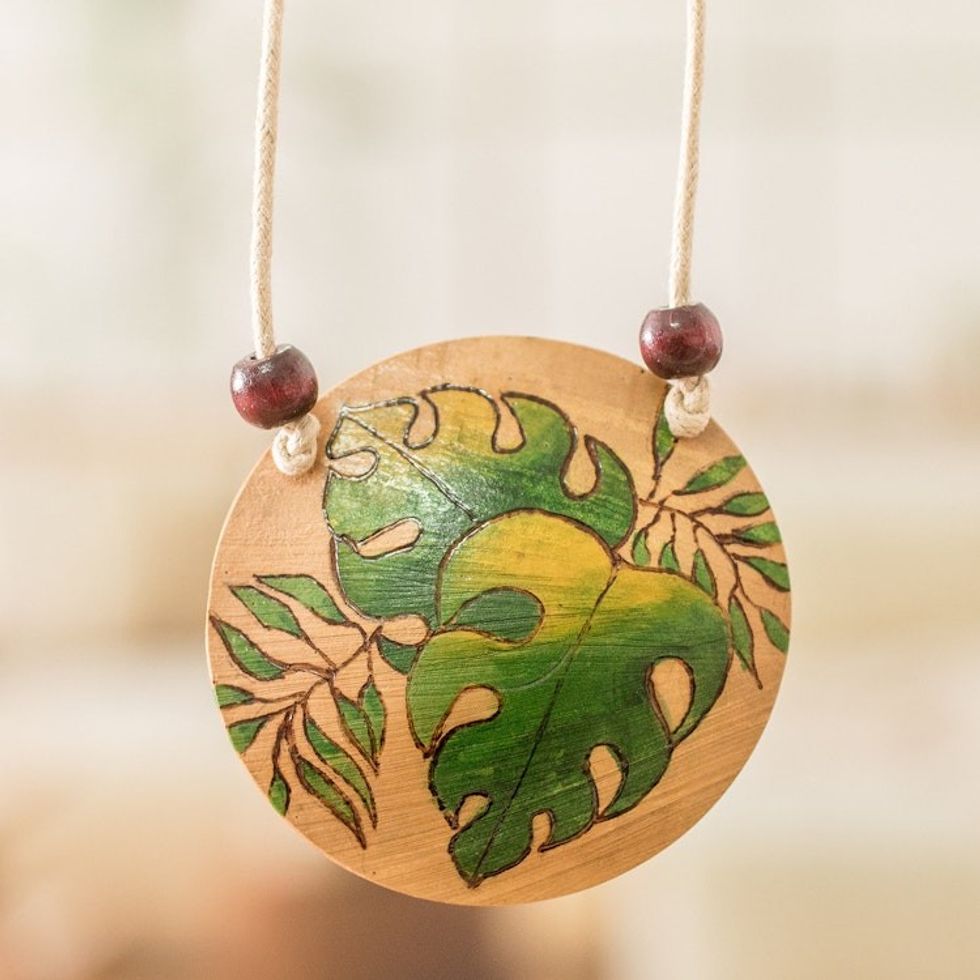 Leafy Hand-Painted Calabash Gourd Pendant Necklace 'Leafy Spirit'