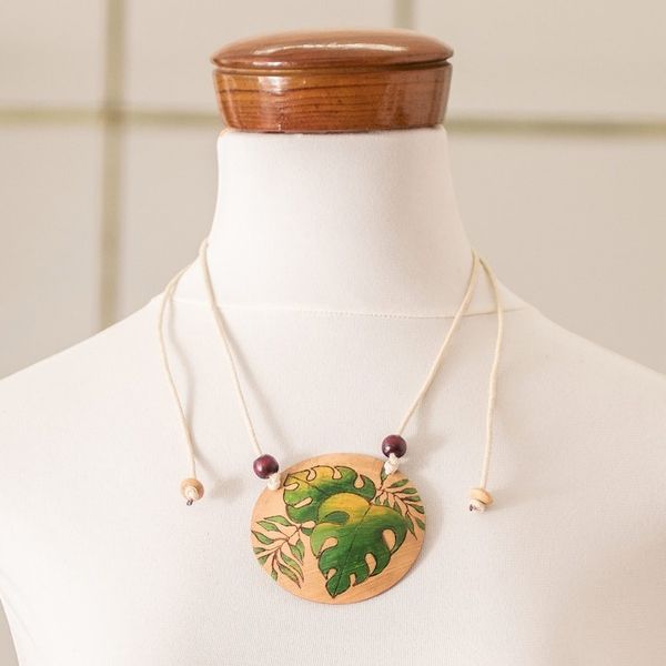 Alternate image for Leafy Hand-Painted Calabash Gourd Pendant Necklace Leafy Spirit