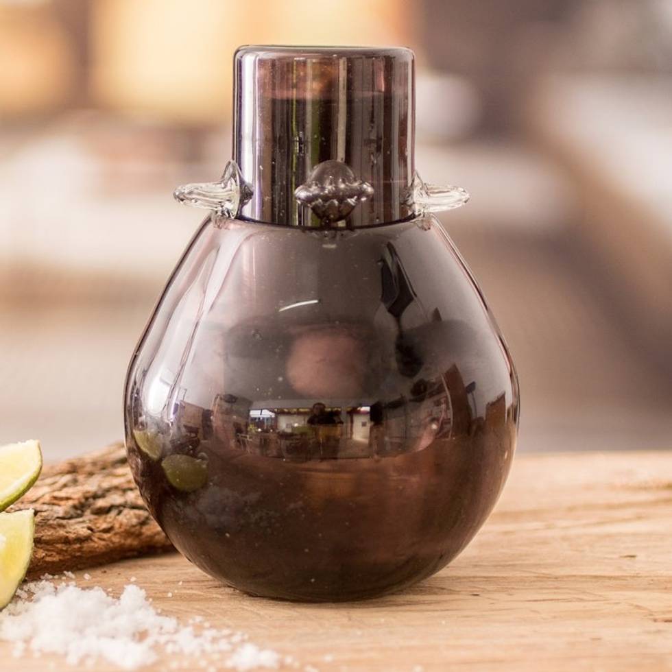 Handblown Tequila Glass and Ice Receptacle Set in Black 'Shadow Shot'