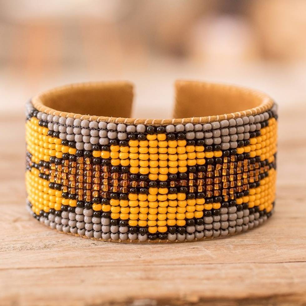Warm Geometric Glass Beaded Cuff Bracelet with Leather 'Sunny Geometry'