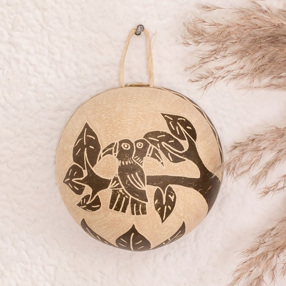 Toucan-Themed Wall Art Hand-Carved in Dried Calabash Gourd 'Toucan Dream'