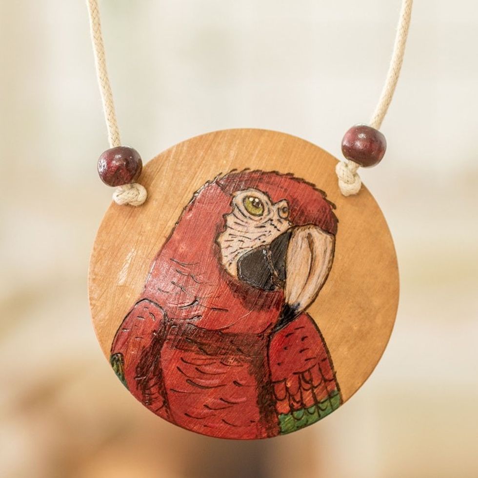 Hand-Painted Calabash Gourd Red Macaw Pendant Necklace 'Loyalty Portrayal'