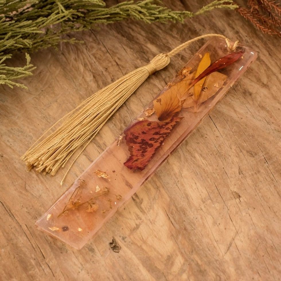 Handcrafted Floral Brown Resin Bookmark with Nylon Tassel 'Autumn Realm'