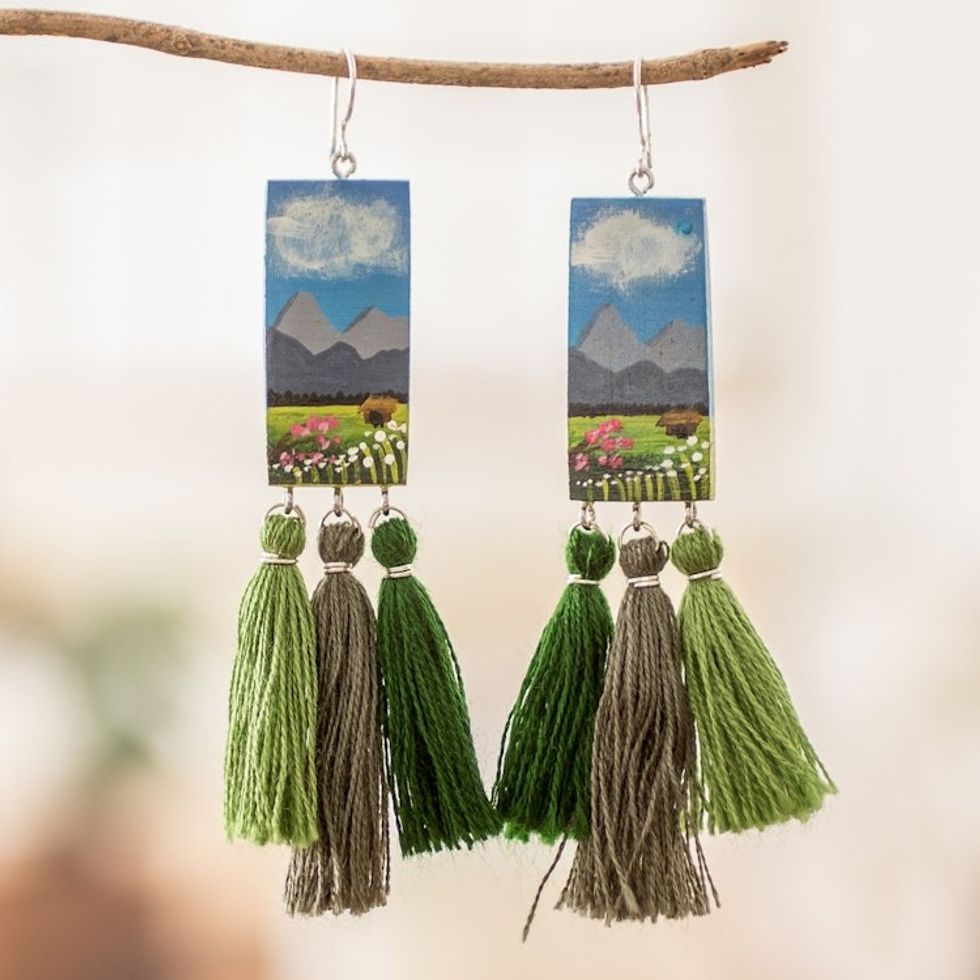 Hand-Painted Cedarwood Dangle Earrings with Green Tassels 'Beloved Landscapes'