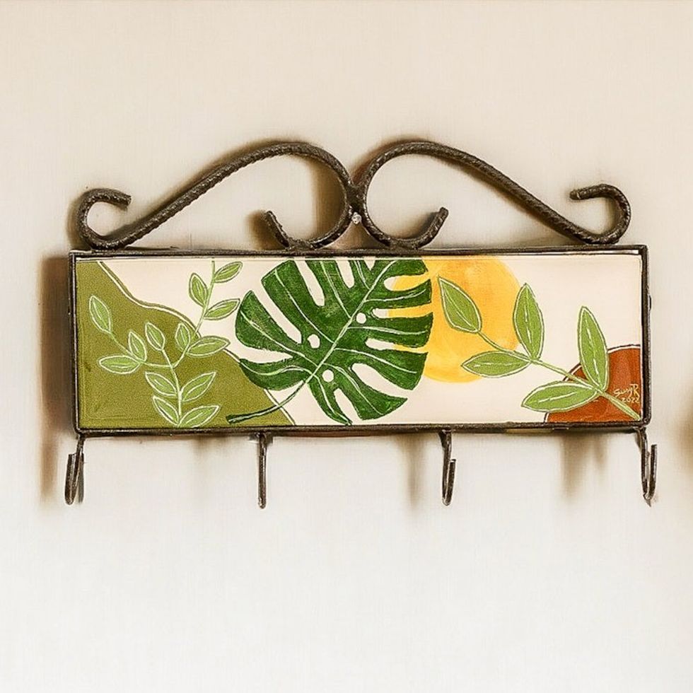 Hand-Painted Leafy White Iron and Laurel Wood Key Rack 'Mornings in Costa Rica'