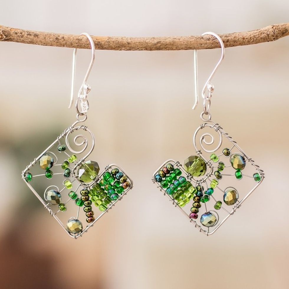 Geometric Green Crystal and Glass Beaded Dangle Earrings 'Harmonious Green Constellation'
