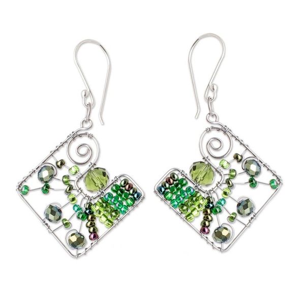 Alternate image for Geometric Green Crystal and Glass Beaded Dangle Earrings Harmonious Green Constellation