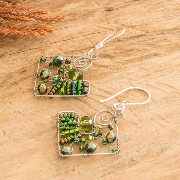 Alternate image for Geometric Green Crystal and Glass Beaded Dangle Earrings Harmonious Green Constellation