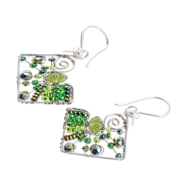 Alternate image for Geometric Green Crystal and Glass Beaded Dangle Earrings Harmonious Green Constellation