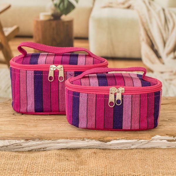Alternate image for Set of 2 Magenta and Purple Striped Cotton Cosmetic Bags Magenta Styles