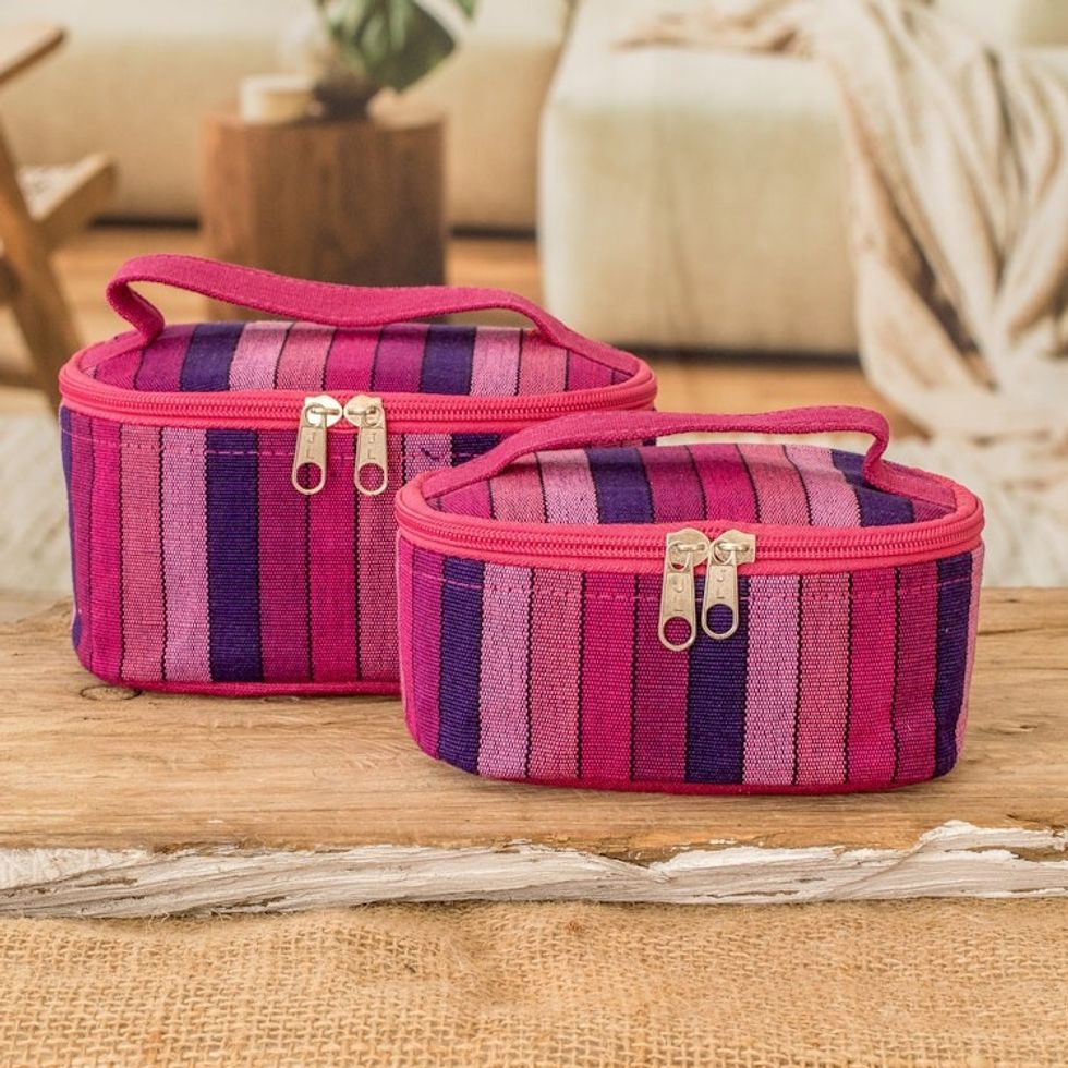 Set of 2 Magenta and Purple Striped Cotton Cosmetic Bags 'Magenta Styles'