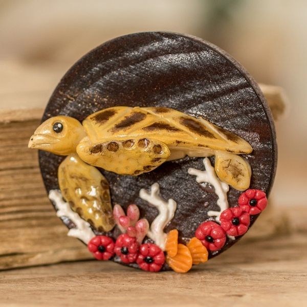 Alternate image for Handmade Painted Pinewood and Cold Porcelain Turtle Magnet The Tropical Turtle