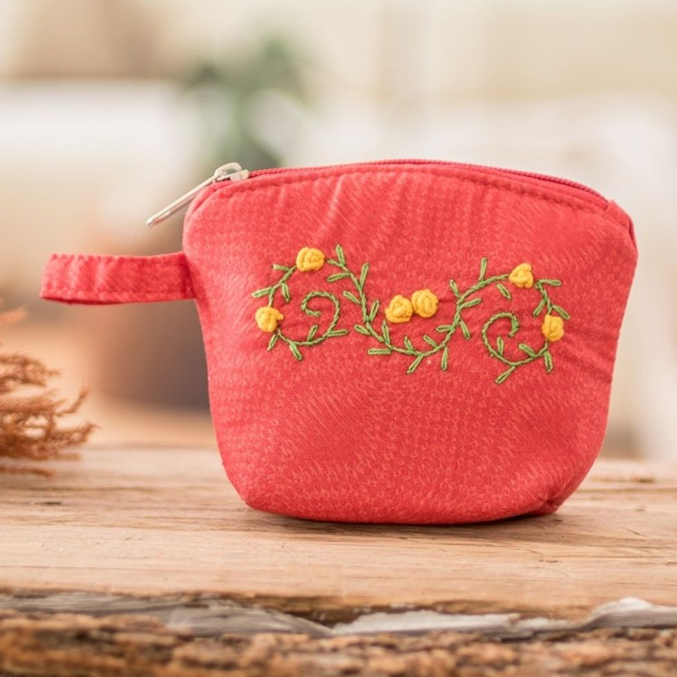 Embroidered Floral Poppy Cotton Coin Purse with Zipper 'Poppy Beauty'