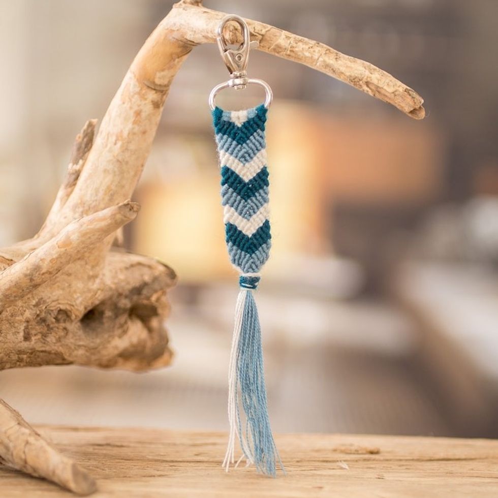 Blue White Macrame Keychain Bag Charm with Chevron Motif 'Silhouettes in the Sea'