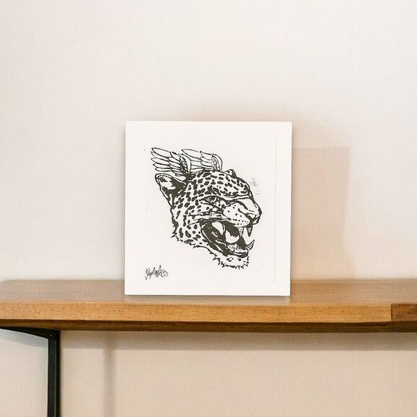 Alternate image for Handcrafted Expressionist Woodcut Print of a Winged Wild Cat Jaguar