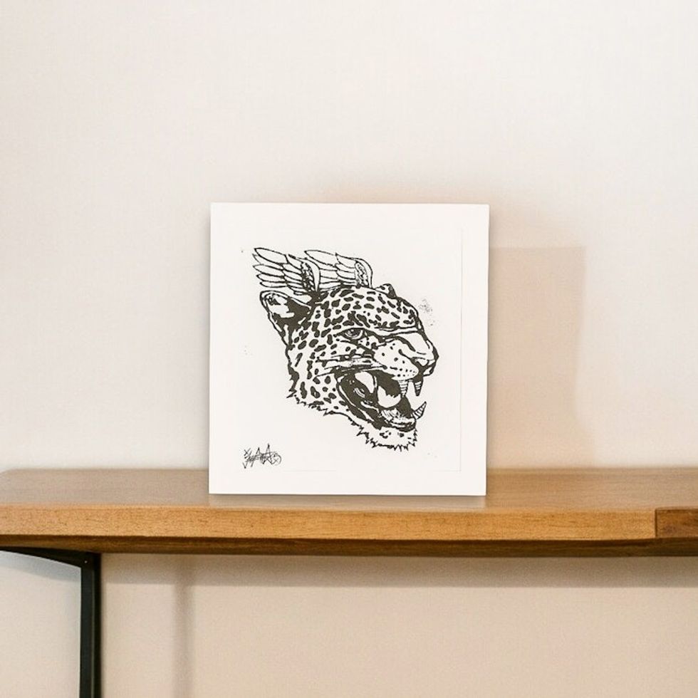 Handcrafted Expressionist Woodcut Print of a Winged Wild Cat 'Jaguar'