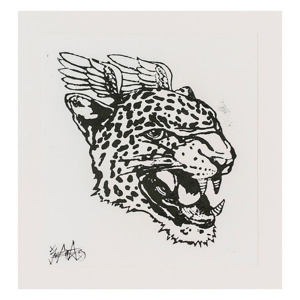 Alternate image for Handcrafted Expressionist Woodcut Print of a Winged Wild Cat Jaguar