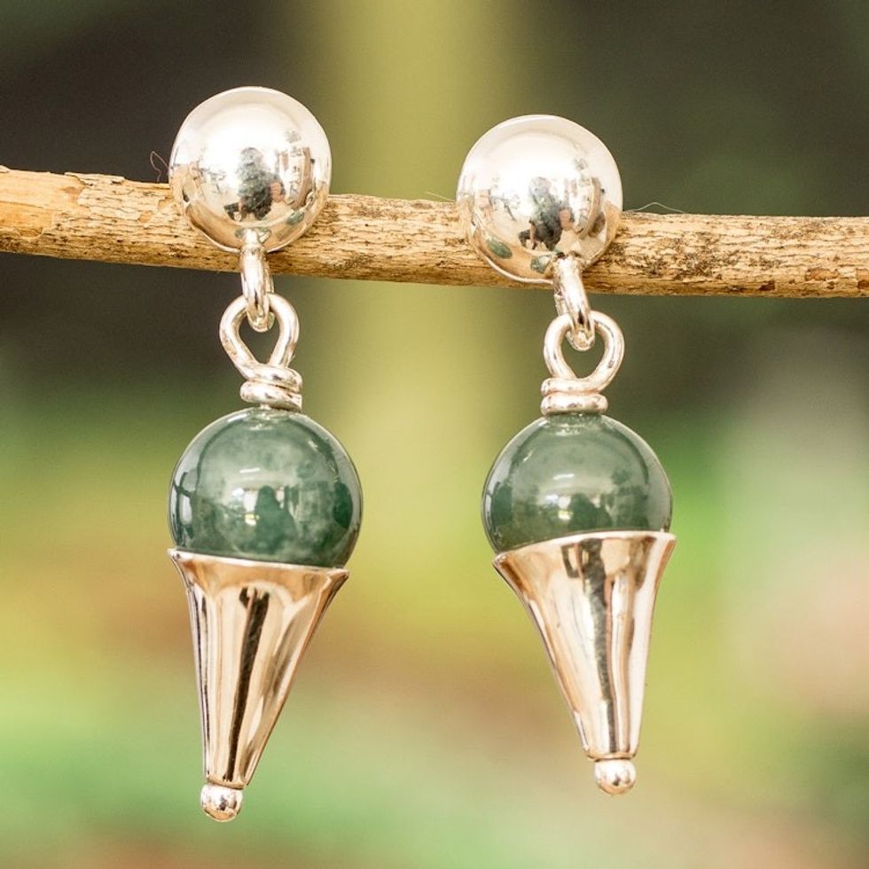 Modern Cone-Shaped Natural Dark Green Jade Dangle Earrings 'Silhouettes of Harmony'