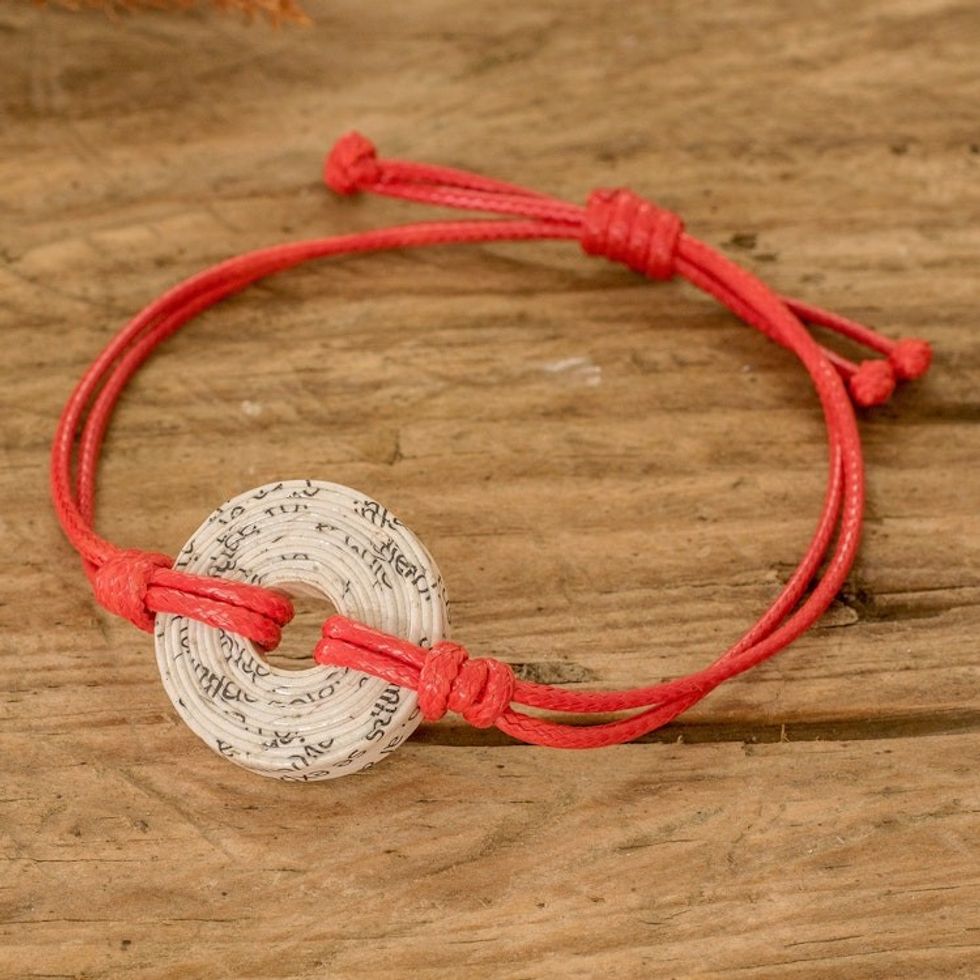 Handmade Recycled Paper Pendant Bracelet with Red Cord 'Crimson Constellation'