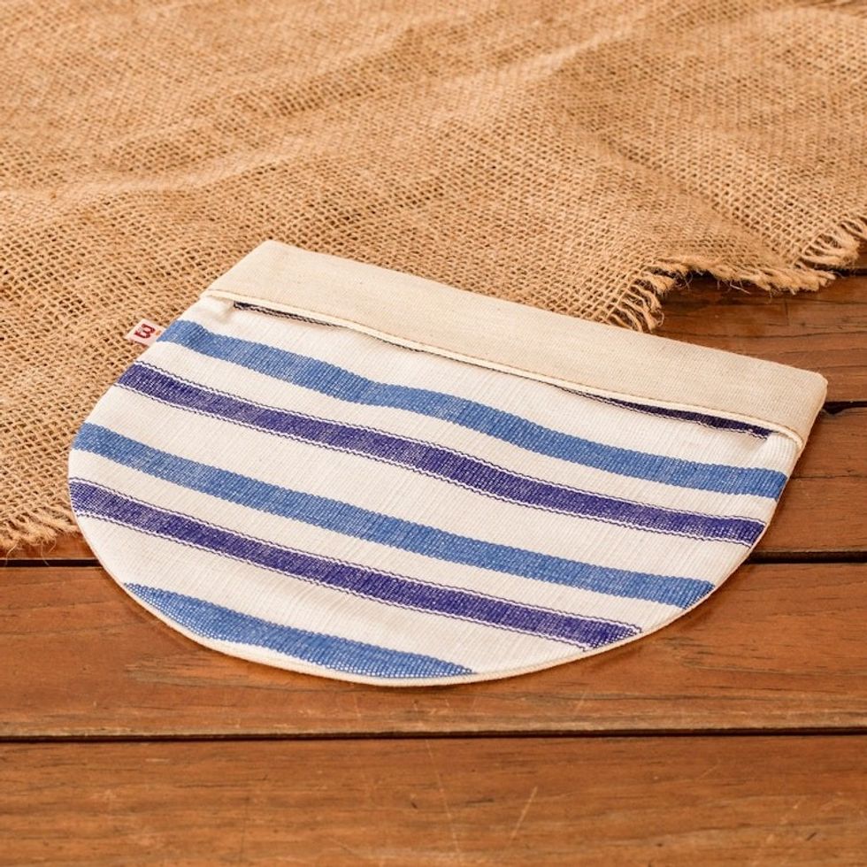 Hand-Woven Cotton Tortilla Warmer with Blue White Stripes 'Ocean'