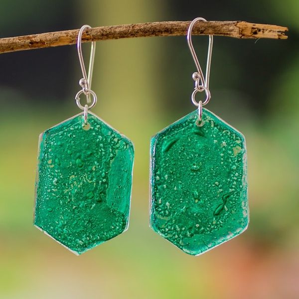 Alternate image for Handcrafted Geometric Dark Green Recycled CD Dangle Earrings Geometric Self
