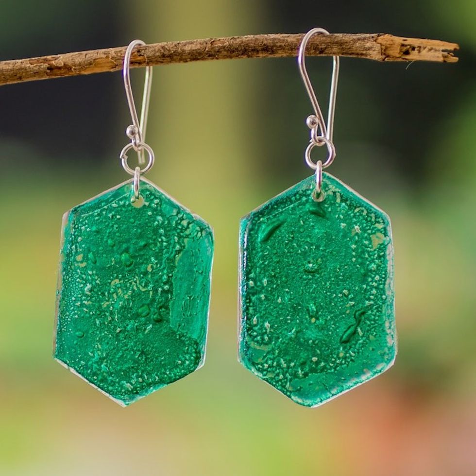 Handcrafted Geometric Dark Green Recycled CD Dangle Earrings 'Geometric Self'