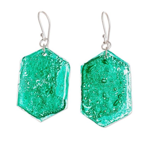 Alternate image for Handcrafted Geometric Dark Green Recycled CD Dangle Earrings Geometric Self
