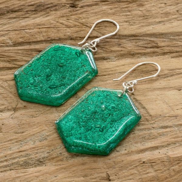 Alternate image for Handcrafted Geometric Dark Green Recycled CD Dangle Earrings Geometric Self