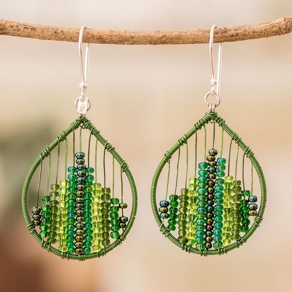 Glass Beaded Dangle Earrings in Green Hues 'Green Contrasts'
