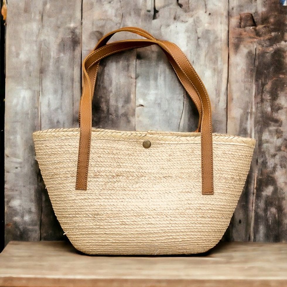 Handmade Natural Fiber Shoulder Bag with Faux Leather Straps 'Sun Sea'