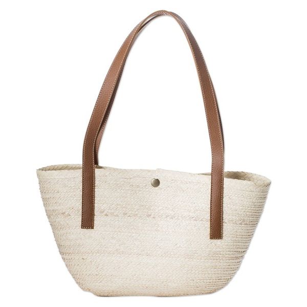 Alternate image for Handmade Natural Fiber Shoulder Bag with Faux Leather Straps Sun Sea